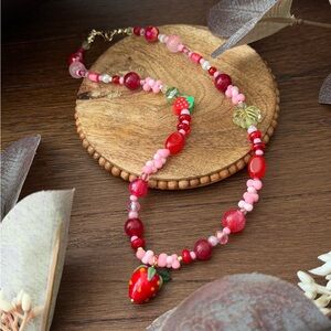 Red and Pink Glass Beaded Necklace with Lampwork Glass Strawberry Charm